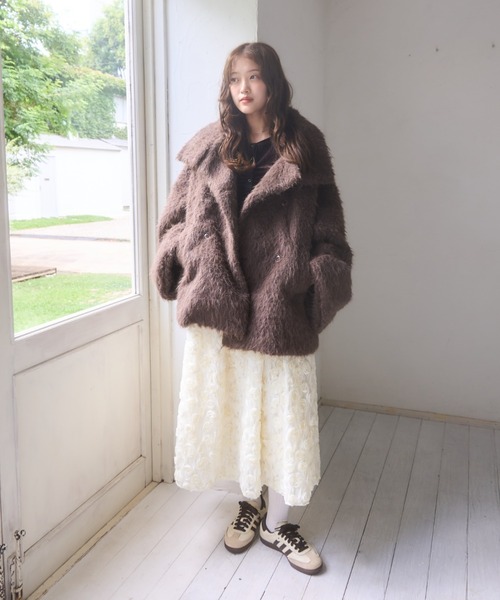 ネプラ　シャギーコート セール】シャギー＊タフタキルトカラーレスコート（ノーカラーコート