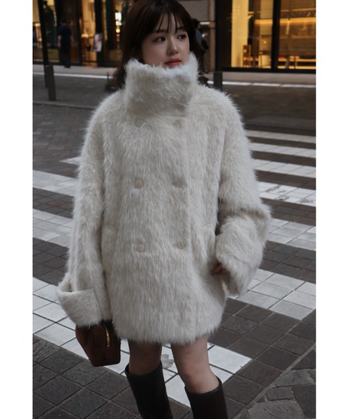 mellowneon 3way スタンドカラーシャギーコート　アイボリー 3wayスタンドカラーシャギーコート（チェスターコート）｜mellowneon