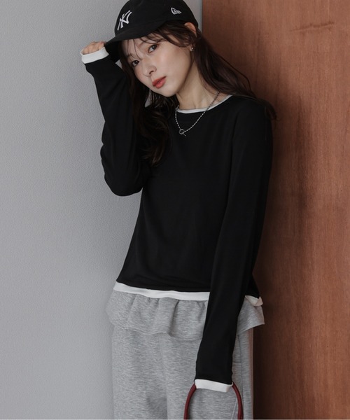 SUGAR BISKET(シュガービスケット)の「レイヤード風バイカラートップス(Tシャツ/カットソー・レディース・ブラック/グレー/ベージュ/ブラウン・フリー)」の2枚目の写真
