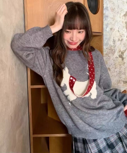 AsRiRe（アスリレイ）の「25aw ドット柄マフラー/スコティッシュテリア柄ニットプルオーバー（ニット/セーター・レディース・グレー/ネイビー/アイボリー・M）」の9枚目の写真