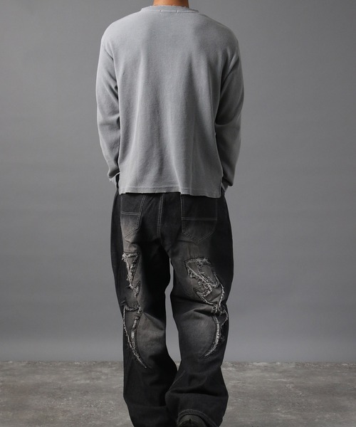 NYLAUS（ナイラス）の「【NYS】ヴィンテージライク クロス刺繍 ヘンリーネックTシャツ ワッフルダメージロンT 長袖Tシャツ ピグメント加工 ユニセックス（Tシャツ/カットソー・メンズ・チャコール/ブラック/グレー・M/L）」の18枚目の写真