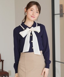 ラメリボンタイ襟付きニット
