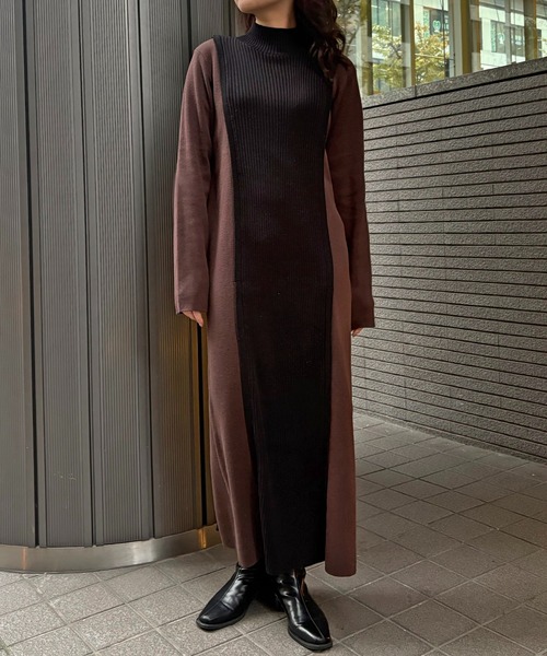 &g'aime(アンジェム)の「【&g'aime 】バイカラーニットワンピース Bicolor Knit Dress(ワンピース・レディース・グレイッシュベージュ/チャコール/ブラウン・FREE)」の3枚目の写真