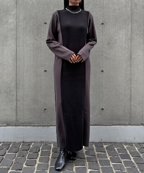 &g'aime(アンジェム)の「【&g'aime 】バイカラーニットワンピース Bicolor Knit Dress(ワンピース・レディース・グレイッシュベージュ/チャコール/ブラウン・FREE)」の4枚目の写真