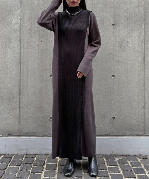 &g'aime(アンジェム)の「【&g'aime 】バイカラーニットワンピース Bicolor Knit Dress(ワンピース・レディース・グレイッシュベージュ/チャコール/ブラウン・FREE)」の5枚目の写真