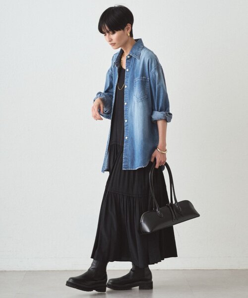 LOUNGEDRESS（ラウンジドレス）の「サテンティアードキャミワンピース（ワンピース・レディース・ネイビー/ベージュ/モスグリーン/オフホワイト/ブラック・SMALL/LARGE/MEDIUM）」の11枚目の写真