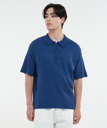 ブクルハーフジップカラーオーバーサイズ半袖ニット[ブルー]