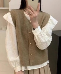 ノーカラーニットベスト