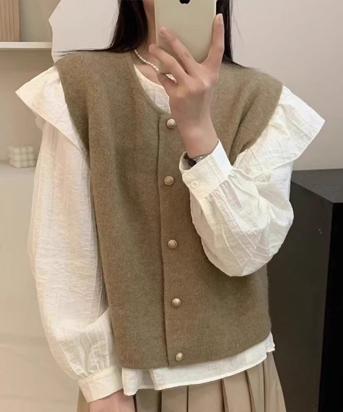 Flugge（フラッジー）の「ノーカラーニットベスト（ベスト・レディース・ベージュ/グレー/ブラック・FREE）」の3枚目の写真