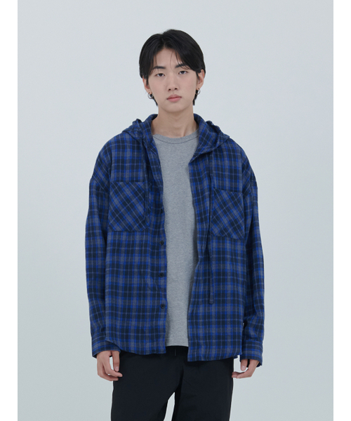 COMMACOMMA（コンマコンマ）の「ボーイフレンドチェックフードシャツ（男女共用）[ネイビー]（シャツ/ブラウス・メンズ・ネイビー・FREE）」の2枚目の写真