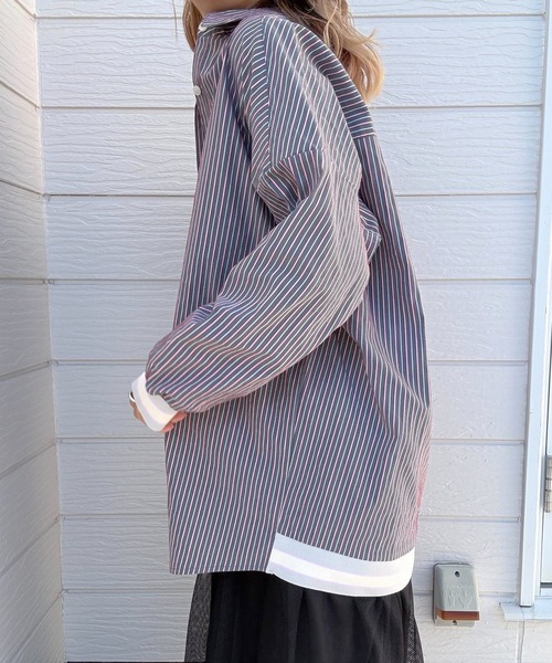 Q（キュー）の「マルチストライプリブドッキングシャツ（シャツ/ブラウス・レディース・グレイッシュブルー/ナチュラル・MEDIUM）」の7枚目の写真