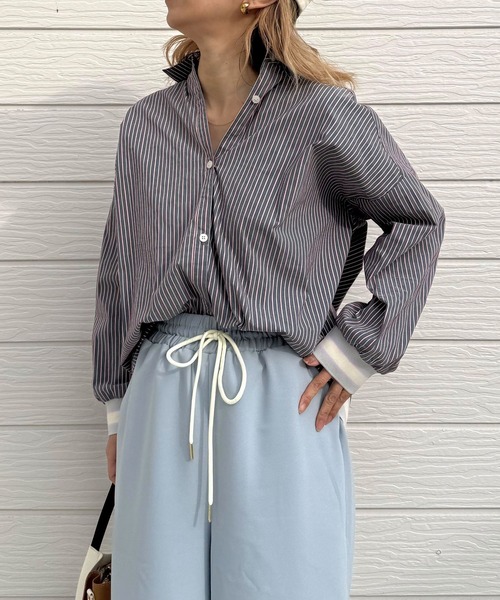 Q（キュー）の「マルチストライプリブドッキングシャツ（シャツ/ブラウス・レディース・グレイッシュブルー/ナチュラル・MEDIUM）」の8枚目の写真