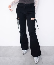 WEGO | WEGO/【26年春夏新作】カットアウトリボンストレッチフレアデニムパンツ(デニムパンツ)