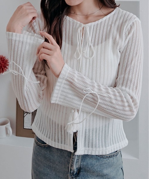 kirakiraShop(キラキラショップ)の「透かし編み リブ リボン タッセル カーディガン(カーディガン/ボレロ・レディース・ブラック/ブルー/ホワイト/イエロー・FREE)」の9枚目の写真