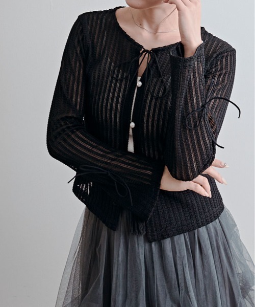kirakiraShop(キラキラショップ)の「透かし編み リブ リボン タッセル カーディガン(カーディガン/ボレロ・レディース・ブラック/ブルー/ホワイト/イエロー・FREE)」の14枚目の写真