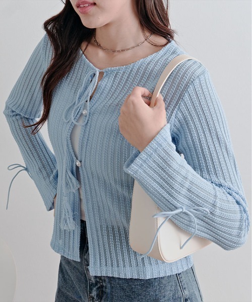 kirakiraShop(キラキラショップ)の「透かし編み リブ リボン タッセル カーディガン(カーディガン/ボレロ・レディース・ブラック/ブルー/ホワイト/イエロー・FREE)」の15枚目の写真