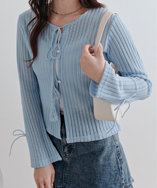kirakiraShop(キラキラショップ)の「透かし編み リブ リボン タッセル カーディガン(カーディガン/ボレロ・レディース・ブラック/ブルー/ホワイト/イエロー・FREE)」の18枚目の写真
