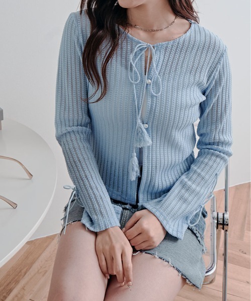 kirakiraShop(キラキラショップ)の「透かし編み リブ リボン タッセル カーディガン(カーディガン/ボレロ・レディース・ブラック/ブルー/ホワイト/イエロー・FREE)」の20枚目の写真