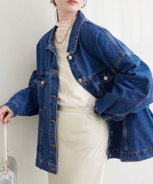 natural couture(ナチュラルクチュール)の「ビッグシルエットデニムジャケット(デニムジャケット・レディース・ブラック/インディゴブルー/ブルー・FREE)」の1枚目の写真