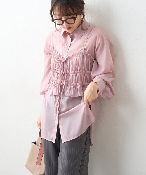morii♡ ＊ ニコアンド ＊ みきてぃ シアービスチェブラウス 大人のこなれ感】ビスチェ付きシアーラメシャツブラウス（シャツ