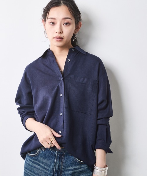 CHIC STYLE(シックスタイル)の「レーヨン麻シャツ<大きいサイズ有>シックスタイル(シャツ/ブラウス・レディース・ネイビー/サックスブルー・L/LL/3L/4L/5L/M)」の6枚目の写真
