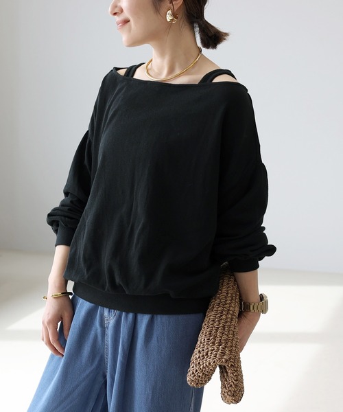 Aletta vita(アレッタビータ)の「シアー裏毛ボートネックプルオーバー(Tシャツ/カットソー・レディース・ブラック/オフホワイト・FREE)」の1枚目の写真