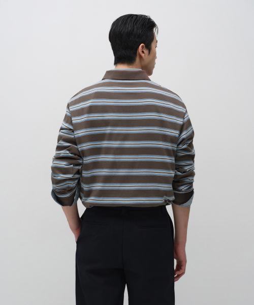 MUSINSA STANDARD（ムシンサスタンダード）の「マルチストライプ長袖ポロシャツ[ブラウン]（Tシャツ/カットソー・メンズ・その他・SMALL/MEDIUM/LARGE/X-LARGE/2XL/3XL）」の3枚目の写真