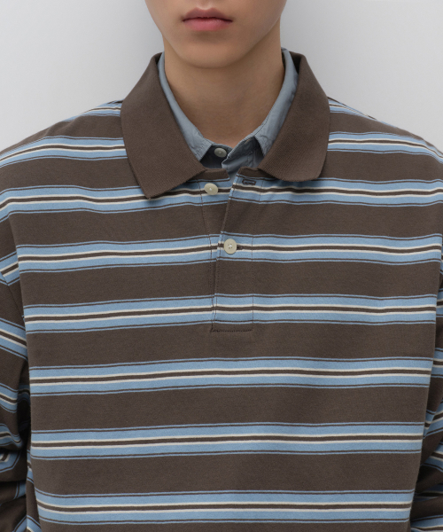 MUSINSA STANDARD（ムシンサスタンダード）の「マルチストライプ長袖ポロシャツ[ブラウン]（Tシャツ/カットソー・メンズ・その他・SMALL/MEDIUM/LARGE/X-LARGE/2XL/3XL）」の4枚目の写真