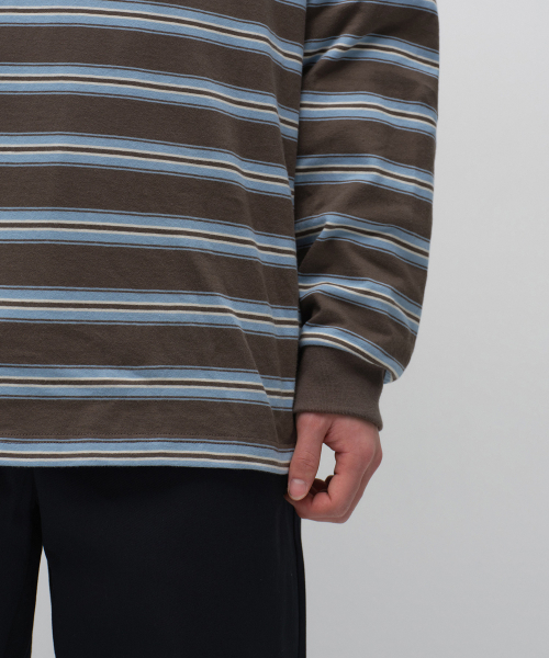 MUSINSA STANDARD（ムシンサスタンダード）の「マルチストライプ長袖ポロシャツ[ブラウン]（Tシャツ/カットソー・メンズ・その他・SMALL/MEDIUM/LARGE/X-LARGE/2XL/3XL）」の5枚目の写真