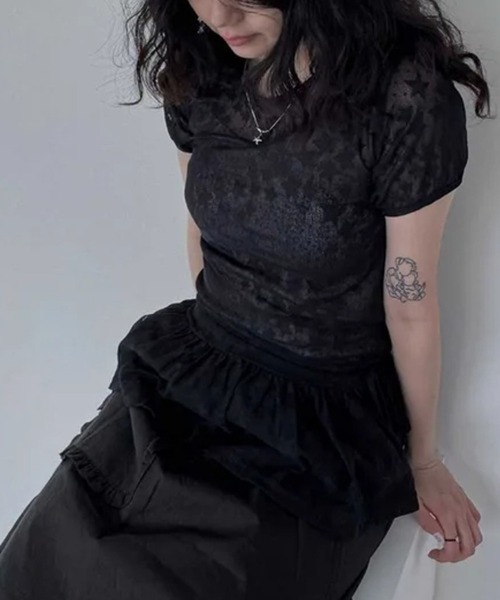 HALEY PESCA(ヘーリーペスカ)の「HALEY PESCA/スター柄シアーフリルTシャツ(Tシャツ/カットソー・レディース・ホワイト/ブラック・FREE)」の2枚目の写真