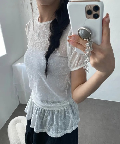 HALEY PESCA(ヘーリーペスカ)の「HALEY PESCA/スター柄シアーフリルTシャツ(Tシャツ/カットソー・レディース・ホワイト/ブラック・FREE)」の4枚目の写真