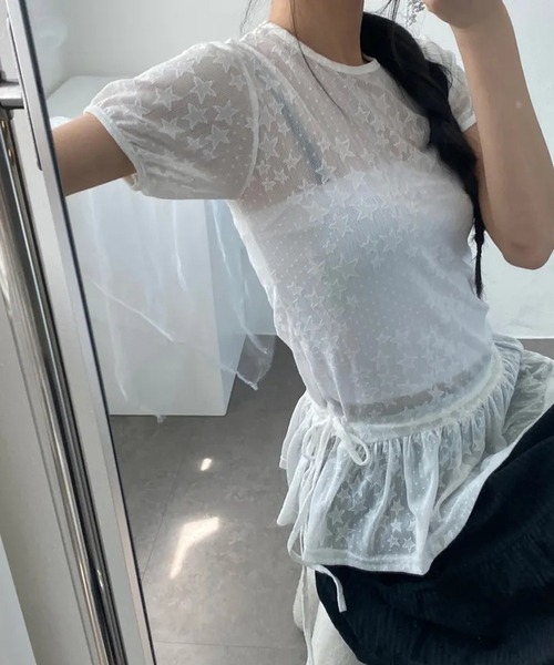 HALEY PESCA(ヘーリーペスカ)の「HALEY PESCA/スター柄シアーフリルTシャツ(Tシャツ/カットソー・レディース・ホワイト/ブラック・FREE)」の5枚目の写真