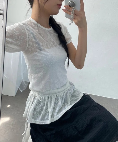 HALEY PESCA(ヘーリーペスカ)の「HALEY PESCA/スター柄シアーフリルTシャツ(Tシャツ/カットソー・レディース・ホワイト/ブラック・FREE)」の6枚目の写真