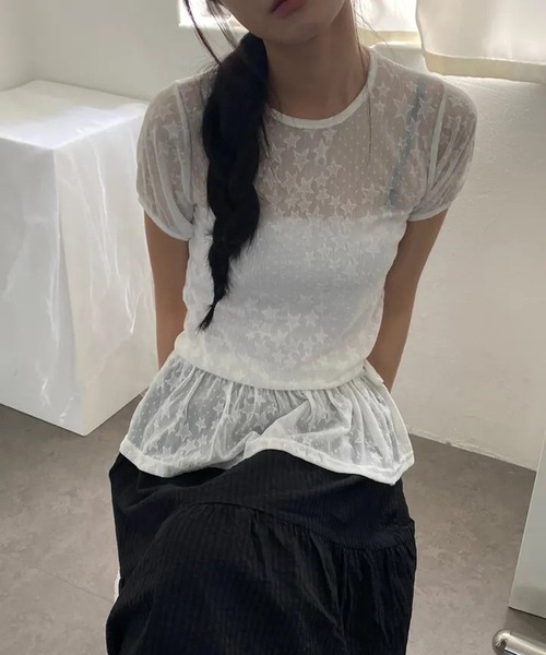 HALEY PESCA(ヘーリーペスカ)の「HALEY PESCA/スター柄シアーフリルTシャツ(Tシャツ/カットソー・レディース・ホワイト/ブラック・FREE)」の7枚目の写真