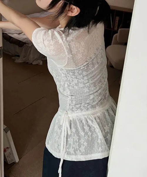HALEY PESCA(ヘーリーペスカ)の「HALEY PESCA/スター柄シアーフリルTシャツ(Tシャツ/カットソー・レディース・ホワイト/ブラック・FREE)」の12枚目の写真