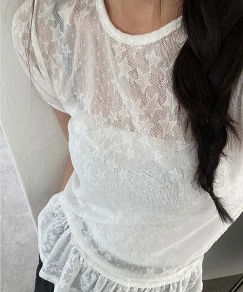 HALEY PESCA(ヘーリーペスカ)の「HALEY PESCA/スター柄シアーフリルTシャツ(Tシャツ/カットソー・レディース・ホワイト/ブラック・FREE)」の15枚目の写真
