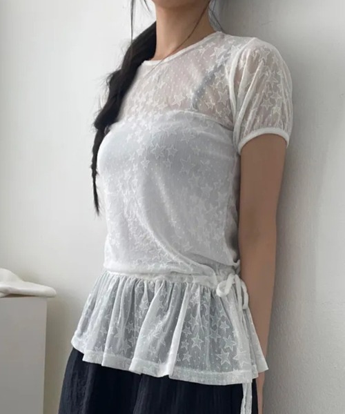 HALEY PESCA(ヘーリーペスカ)の「HALEY PESCA/スター柄シアーフリルTシャツ(Tシャツ/カットソー・レディース・ホワイト/ブラック・FREE)」の16枚目の写真