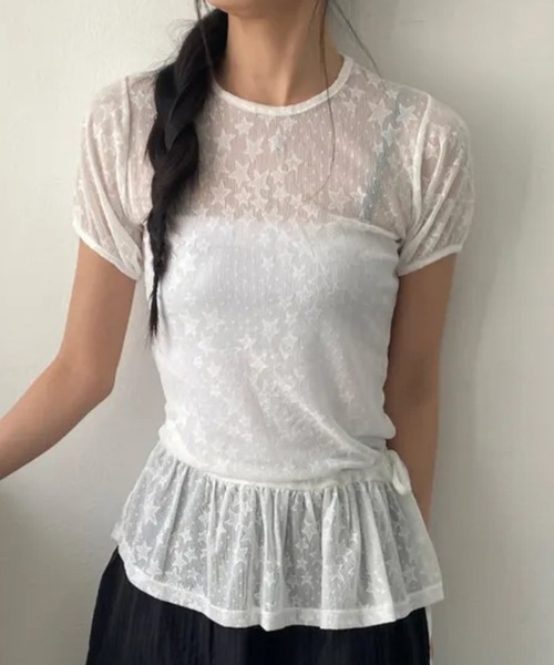HALEY PESCA(ヘーリーペスカ)の「HALEY PESCA/スター柄シアーフリルTシャツ(Tシャツ/カットソー・レディース・ホワイト/ブラック・FREE)」の17枚目の写真