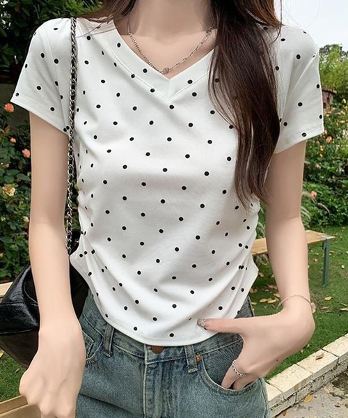 meJane（ミージェーン）の「ドット柄 Vネック半そでＴシャツ（Tシャツ/カットソー・レディース・ホワイト/グレー/ブラック・FREE）」の8枚目の写真