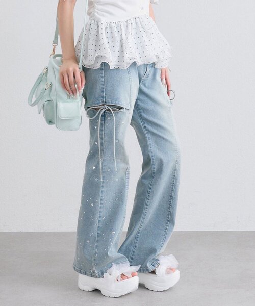 OLIVE des OLIVE(オリーブデオリーブ)の「キラキラサイドスリットストレッチフレアデニムパンツ(デニムパンツ・レディース・ブルー/サックスブルー・SMALL/MEDIUM)」の11枚目の写真
