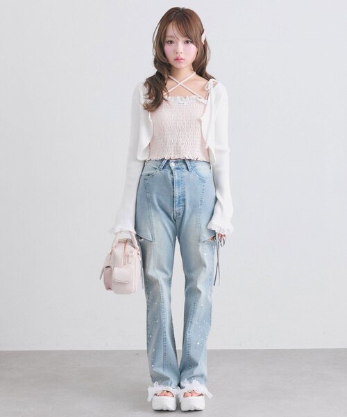 OLIVE des OLIVE(オリーブデオリーブ)の「キラキラサイドスリットストレッチフレアデニムパンツ(デニムパンツ・レディース・ブルー/サックスブルー・SMALL/MEDIUM)」の12枚目の写真