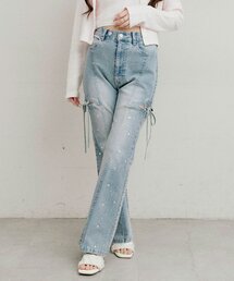 キラキラサイドスリットストレッチフレアデニムパンツ