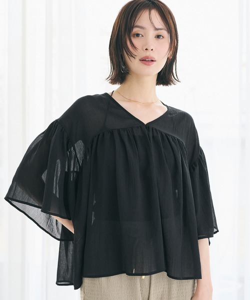 coca(coca)(コカ)の「シアー袖フレアブラウス(シャツ/ブラウス・レディース・ブラック/ホワイト/ラベンダー・L/M/S)」の1枚目の写真