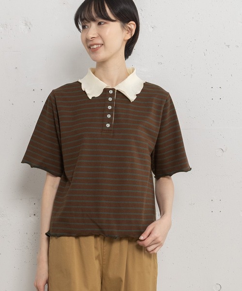 POU DOU DOU（プードゥドゥ）の「並びボタン配色衿半袖トップス（Tシャツ/カットソー・レディース・ブラウン/ダークグレー/アイボリー・3）」の3枚目の写真