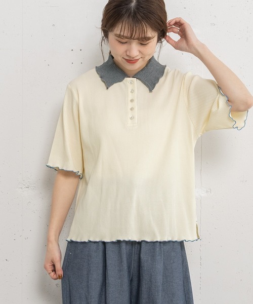 POU DOU DOU（プードゥドゥ）の「並びボタン配色衿半袖トップス（Tシャツ/カットソー・レディース・ブラウン/ダークグレー/アイボリー・3）」の2枚目の写真