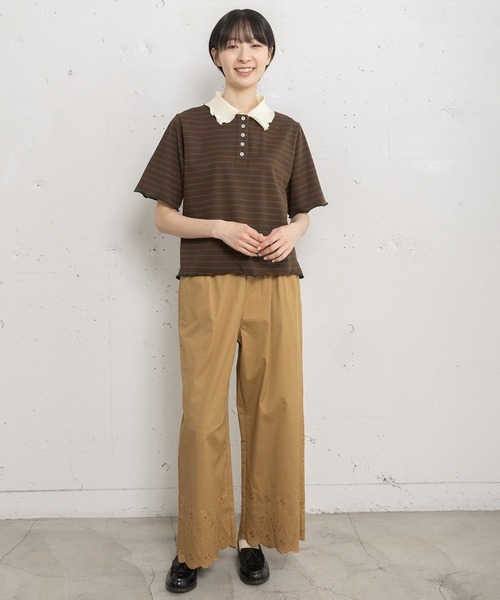 POU DOU DOU（プードゥドゥ）の「並びボタン配色衿半袖トップス（Tシャツ/カットソー・レディース・ブラウン/ダークグレー/アイボリー・3）」の4枚目の写真
