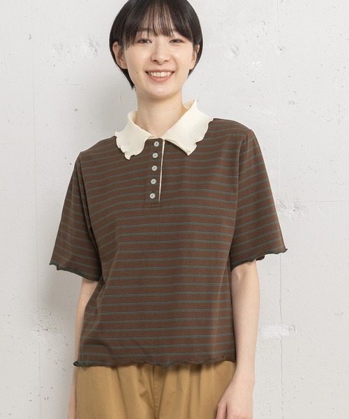 POU DOU DOU（プードゥドゥ）の「並びボタン配色衿半袖トップス（Tシャツ/カットソー・レディース・ブラウン/ダークグレー/アイボリー・3）」の7枚目の写真
