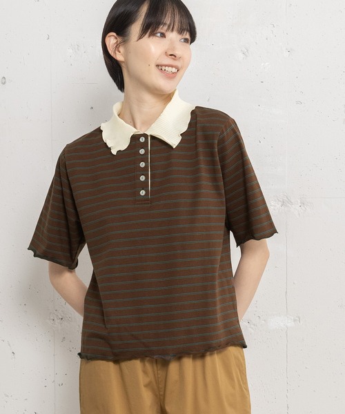 POU DOU DOU（プードゥドゥ）の「並びボタン配色衿半袖トップス（Tシャツ/カットソー・レディース・ブラウン/ダークグレー/アイボリー・3）」の8枚目の写真
