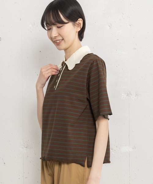 POU DOU DOU（プードゥドゥ）の「並びボタン配色衿半袖トップス（Tシャツ/カットソー・レディース・ブラウン/ダークグレー/アイボリー・3）」の9枚目の写真