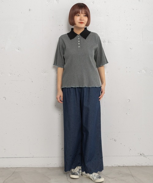 POU DOU DOU（プードゥドゥ）の「並びボタン配色衿半袖トップス（Tシャツ/カットソー・レディース・ブラウン/ダークグレー/アイボリー・3）」の11枚目の写真